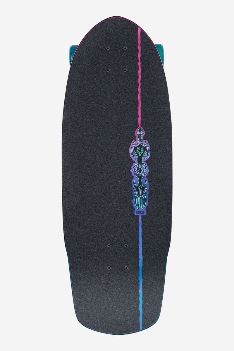 Back view of Talon Cruiserboard 30 inch shows a dark deck with a neon pink center line and turquoise emblem and teal wheels