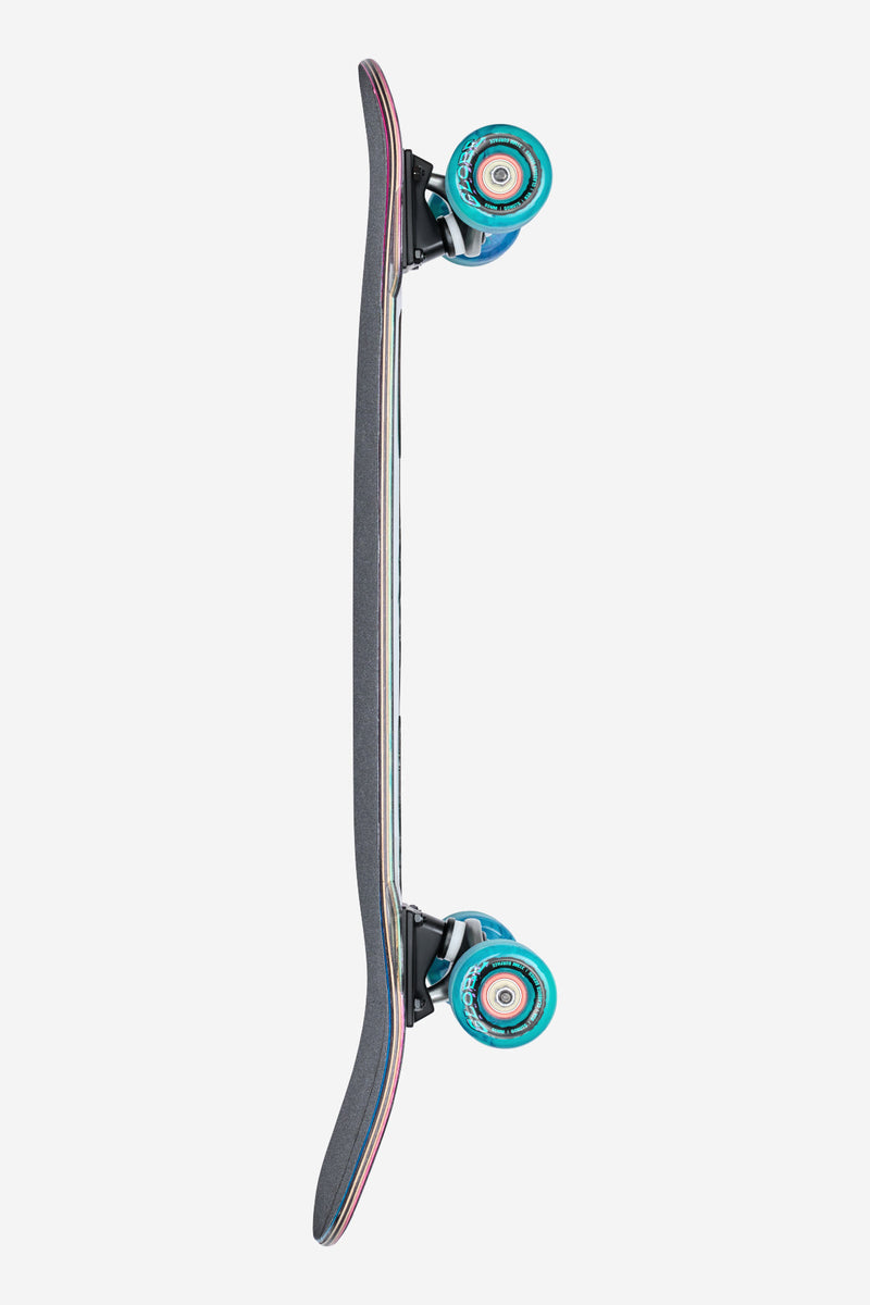 Side profile of Talon Cruiserboard 30 inch with dark metallic deck and multicolor edge stripe and turquoise wheels