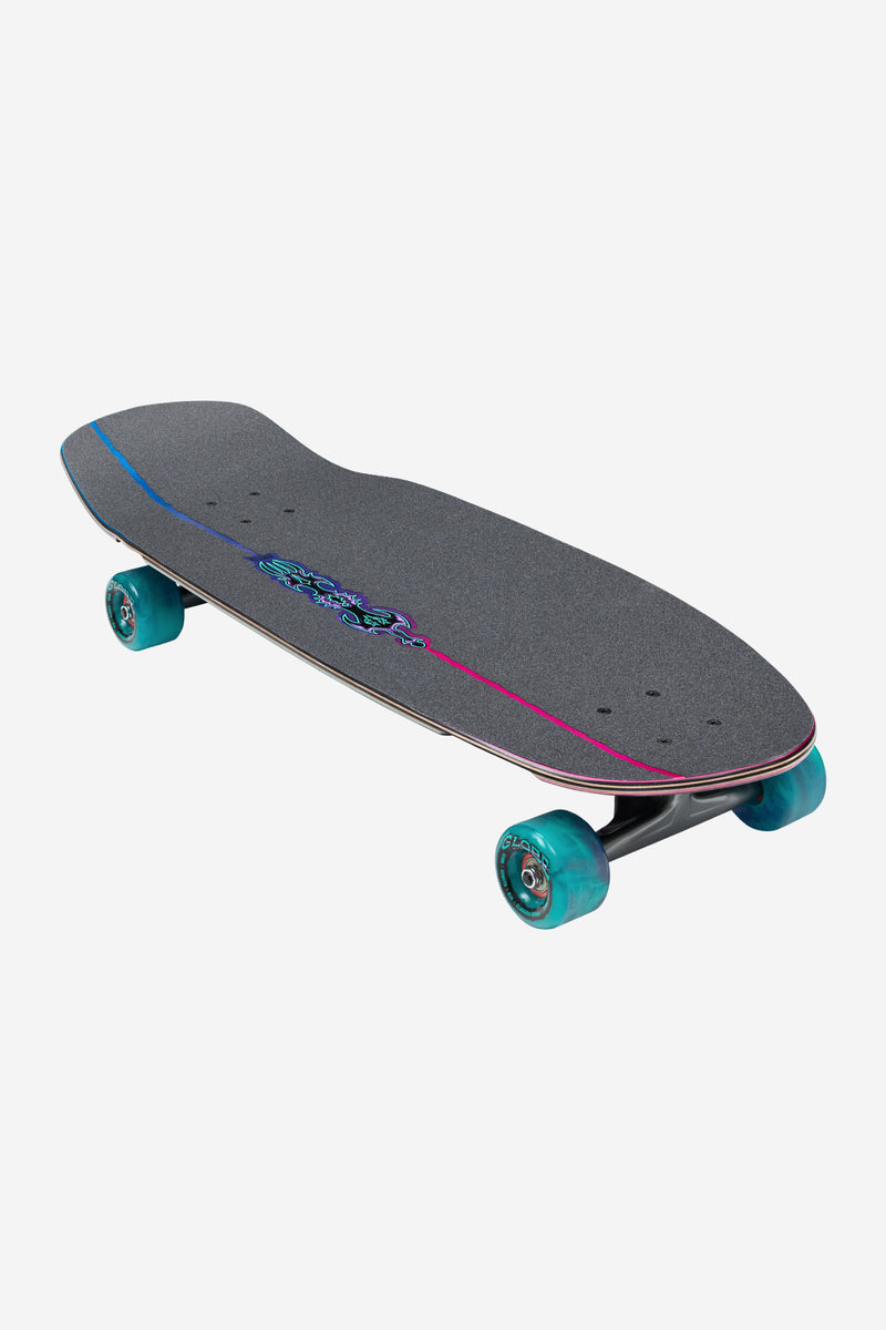 Top view of Talon Cruiserboard 30 inch deck in dark marble with blue and pink accents and teal wheels