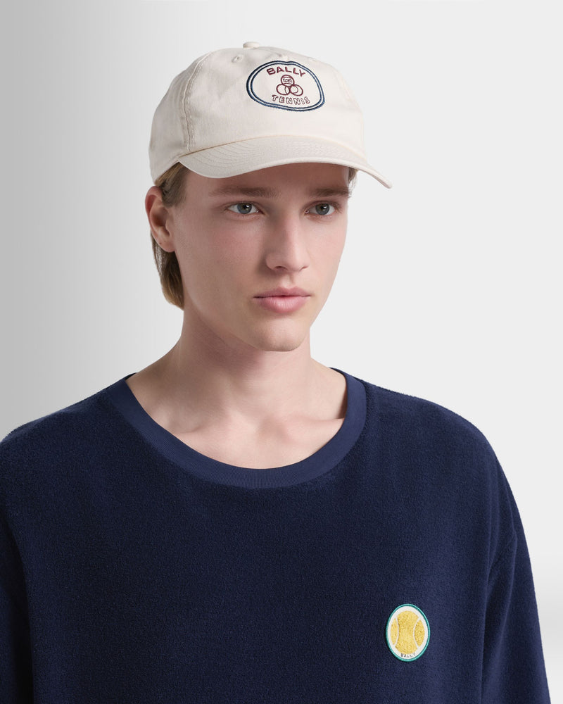 Tennis Collection Baseball Hat in Ivory Cotton with Embroidery