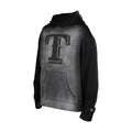 Men's black faded hoodie with large 'T' logo print on chest and front pocket