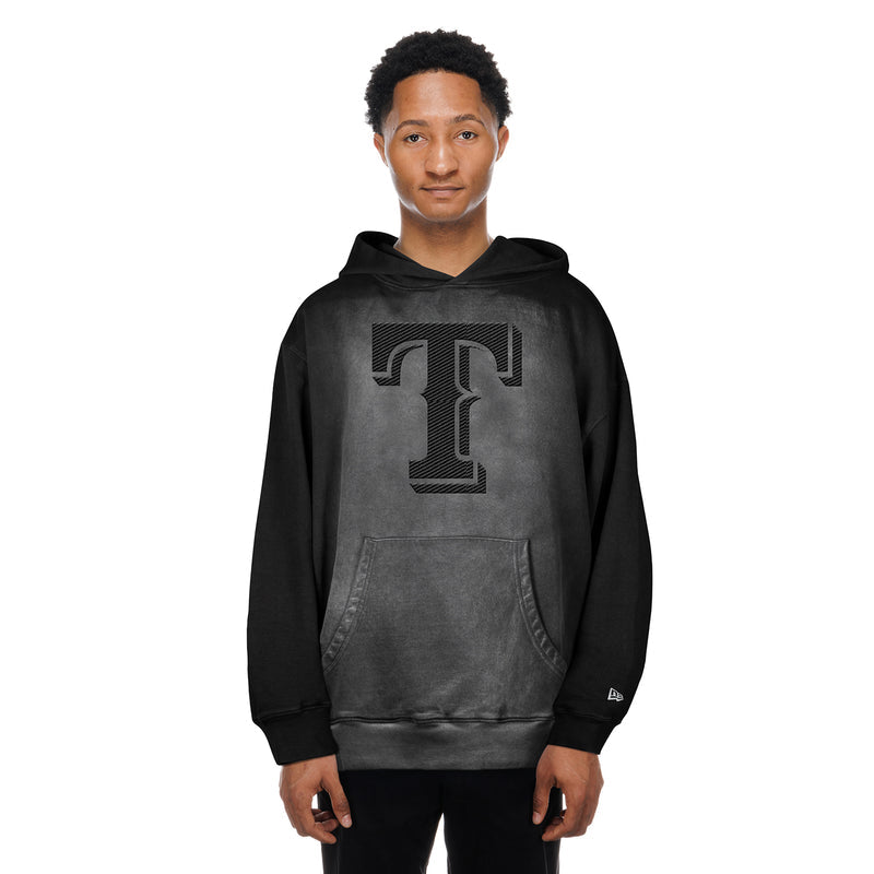 Men's black faded hoodie, 'T' logo on chest, kangaroo pocket, pullover hood