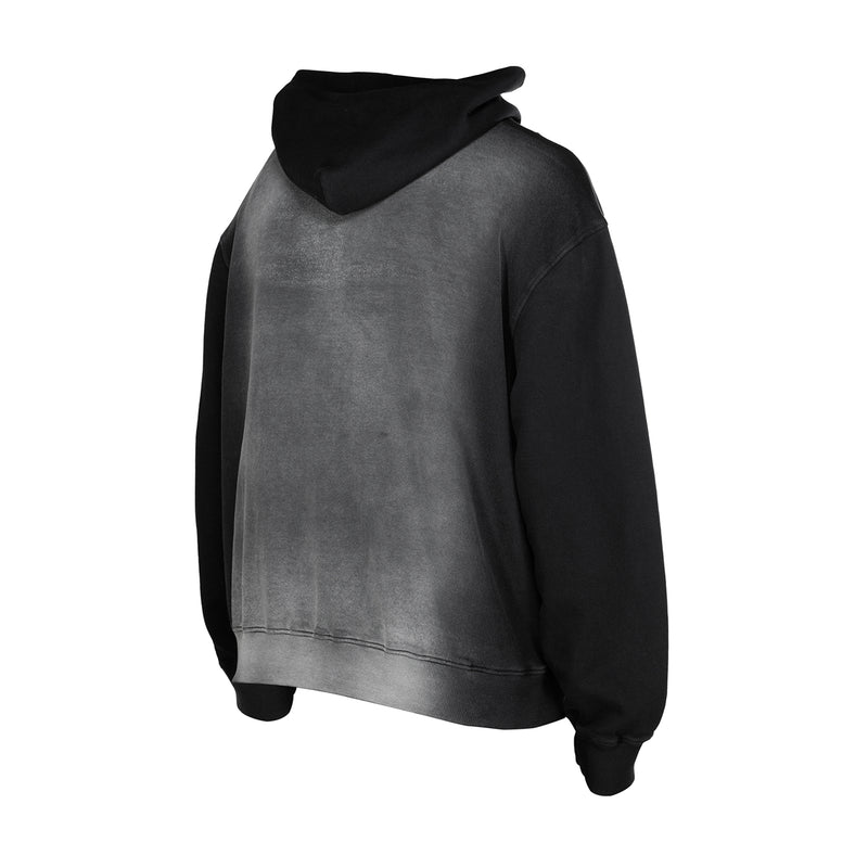 Men's black faded pullover hoodie with hood and long sleeves, back 'T' print