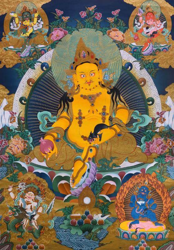 The Five Jambhalas - Tibetan thangka painting, front view