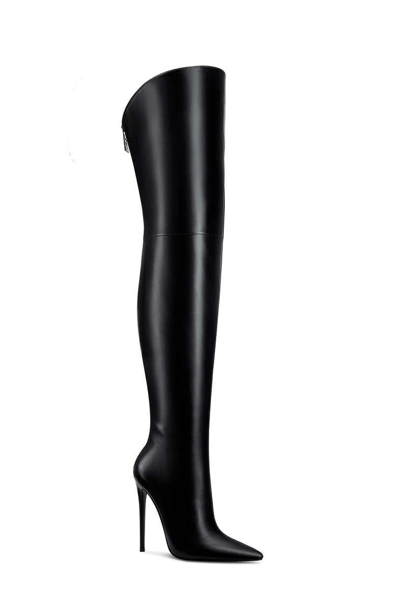 FEMME LA Scorpio Thigh High Boot in black — straight-on side view showing full-length shaft and slim stiletto heel