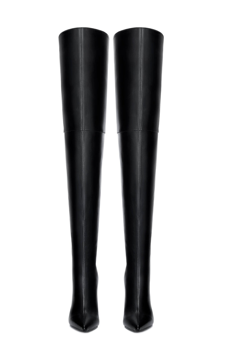 FEMME LA Scorpio Thigh High Boot in black — front view of the pair showing pointed toes and shaft seam detail
