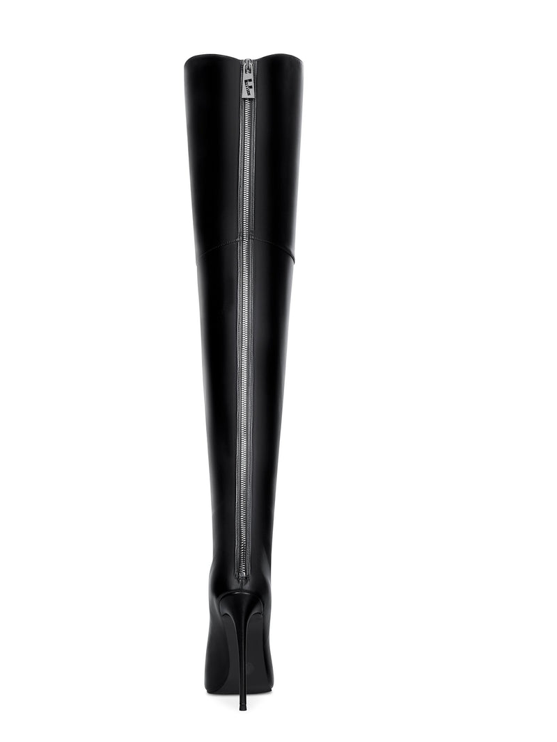 FEMME LA Scorpio Thigh High Boot in black — rear view showing full-length back zipper running from heel to top