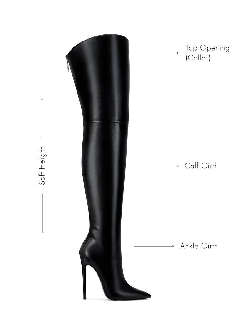 FEMME LA Scorpio Thigh High Boot sizing diagram — side profile annotated with top collar opening, shaft height, calf girth, and ankle girth