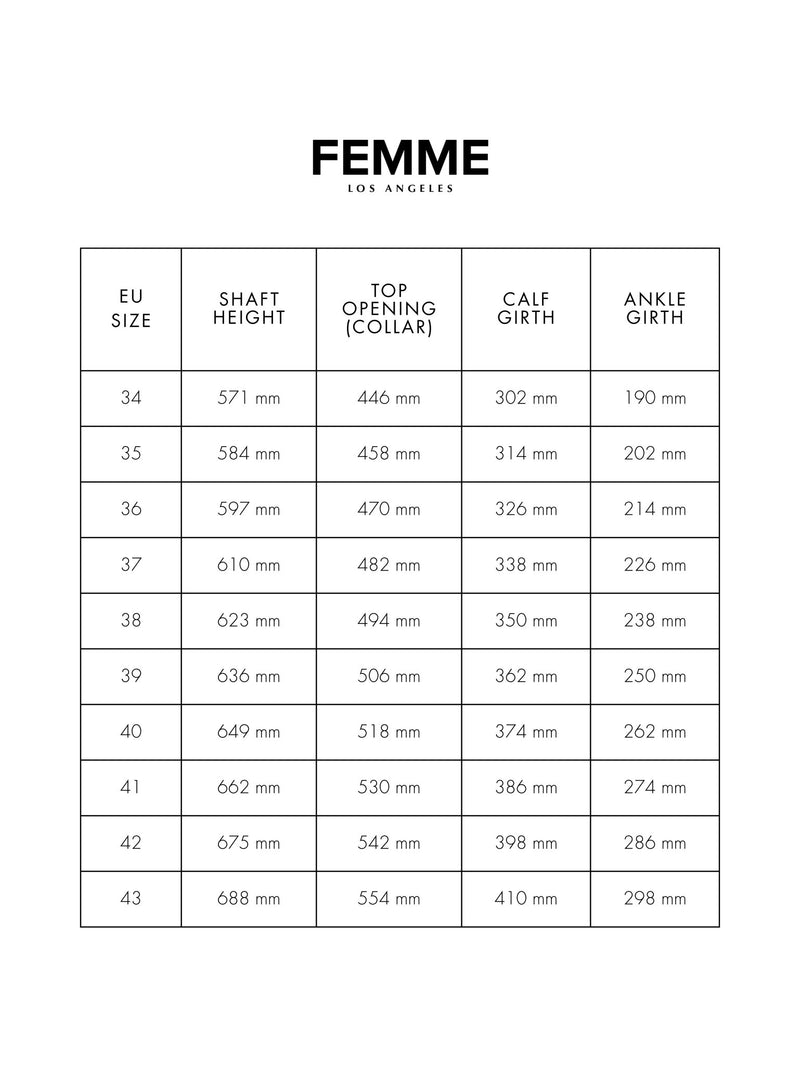FEMME LOS ANGELES Scorpio Thigh High Boot size chart — EU sizes 34–43 with shaft height, top opening collar, calf girth, and ankle girth measurements