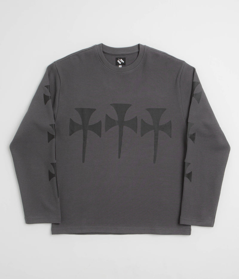 The Trilogy Tapes Three Cross Waffle Long Sleeve T-Shirt in Charcoal and Balck