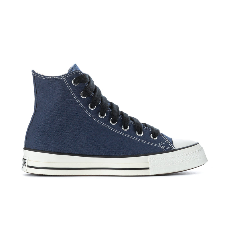 Men's navy high-top sneakers with black laces and white rubber sole