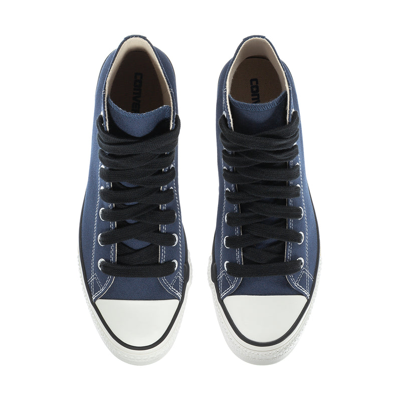Men's navy high-top sneakers, front view with black laces and white toe caps