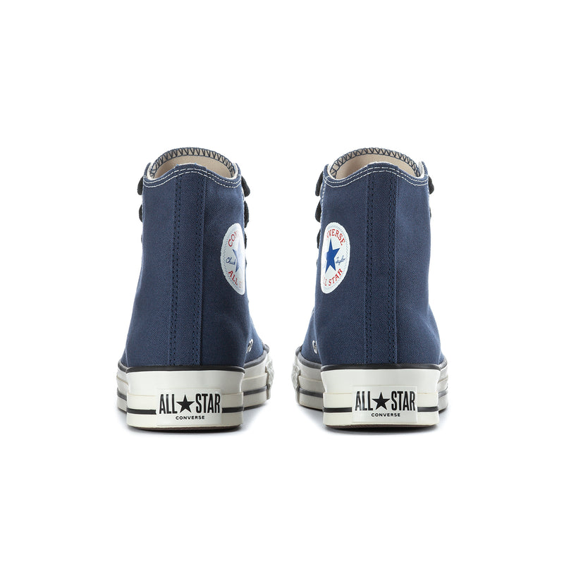 Men's navy high-top sneakers, heel view with Converse All Star label on back