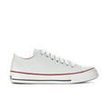 Men's low-top sneakers, white leather with red and navy stripe trim, lace-up.