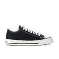 Black low-top canvas sneakers with white laces and off-white rubber toe cap