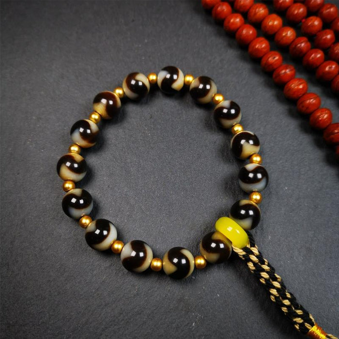 Tiger Tooth Dzi Bead Bracelet 0.4" / 8.7" - Tibetan Buddhist bead necklace, view 5