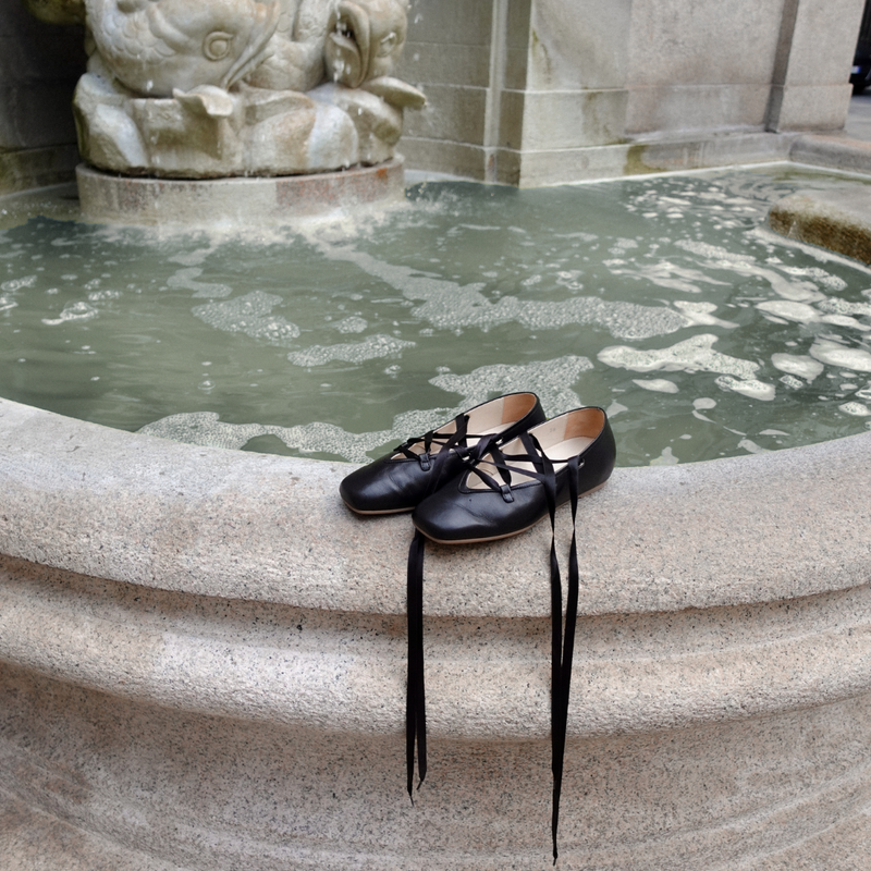 Tilly - Black Leather Ribbon Tie Ballerinas
