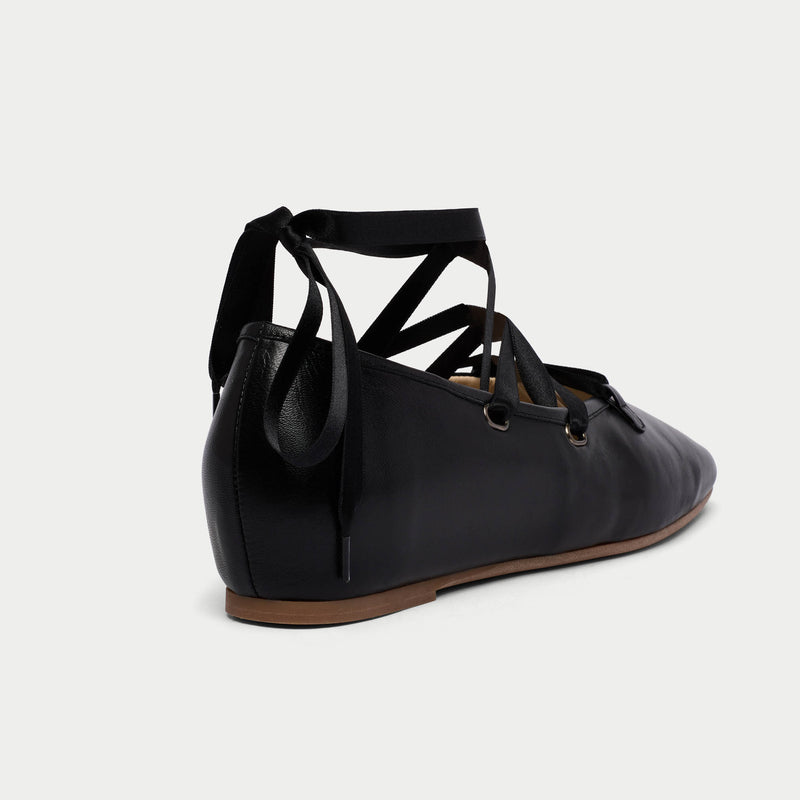 Tilly - Black Leather Ribbon Tie Ballerinas