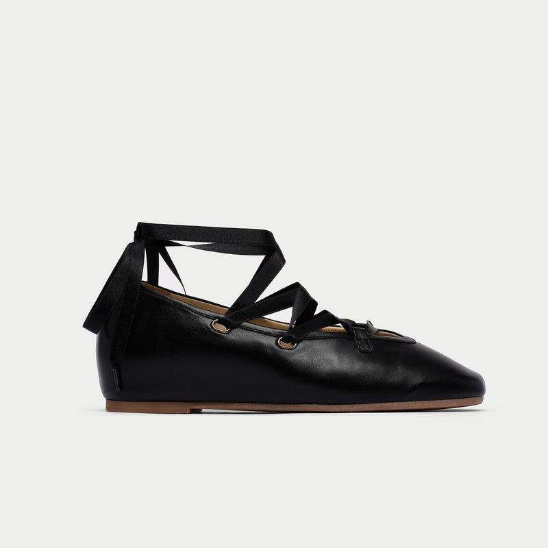 Tilly - Black Leather Ribbon Tie Ballerinas