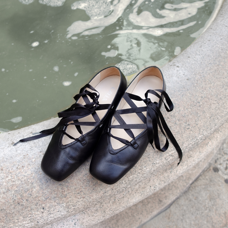 Tilly - Black Leather Ribbon Tie Ballerinas