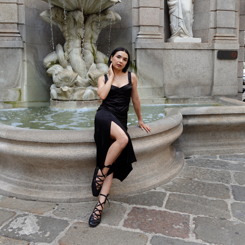 Tilly - Black Leather Ribbon Tie Ballerinas