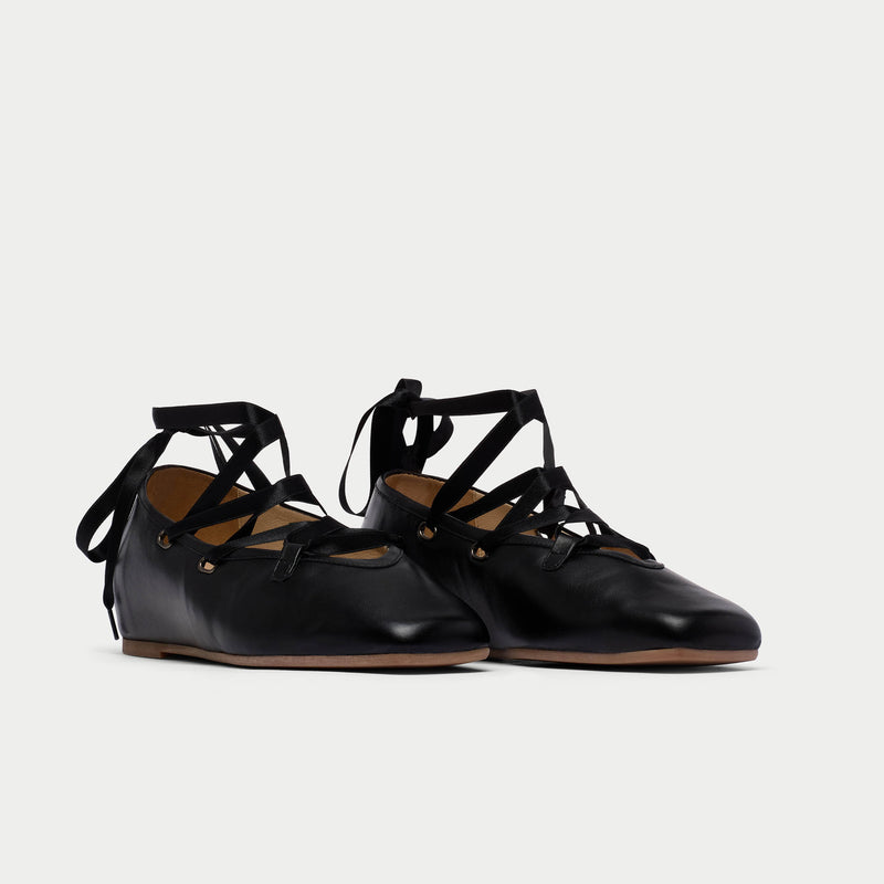 Tilly - Black Leather Ribbon Tie Ballerinas