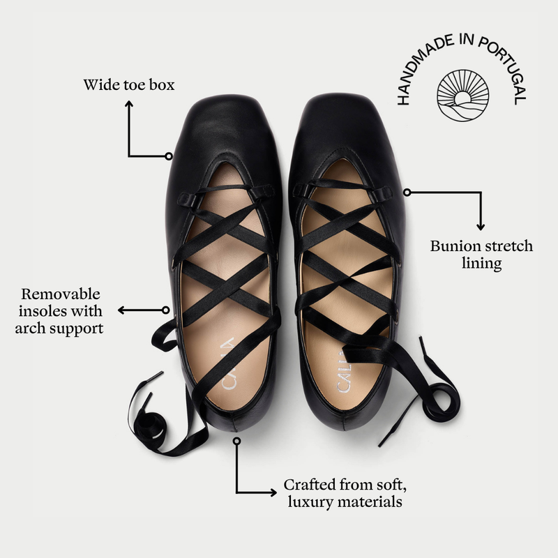 Tilly - Black Leather Ribbon Tie Ballerinas