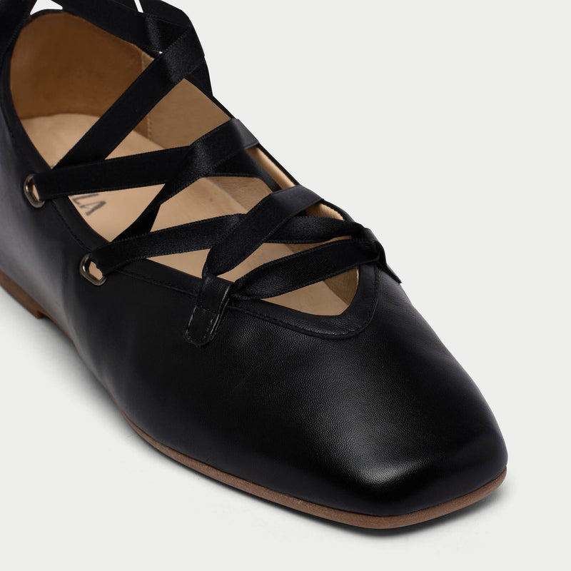 Tilly - Black Leather Ribbon Tie Ballerinas