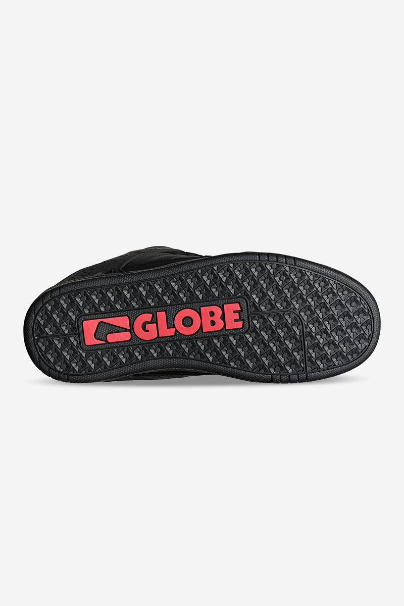 Outsole of Tilt shoe with a geometric tread pattern and a red Globe logo