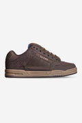 Tilt brown skate shoe with blue tartan lining and embossed Globe branding on the side