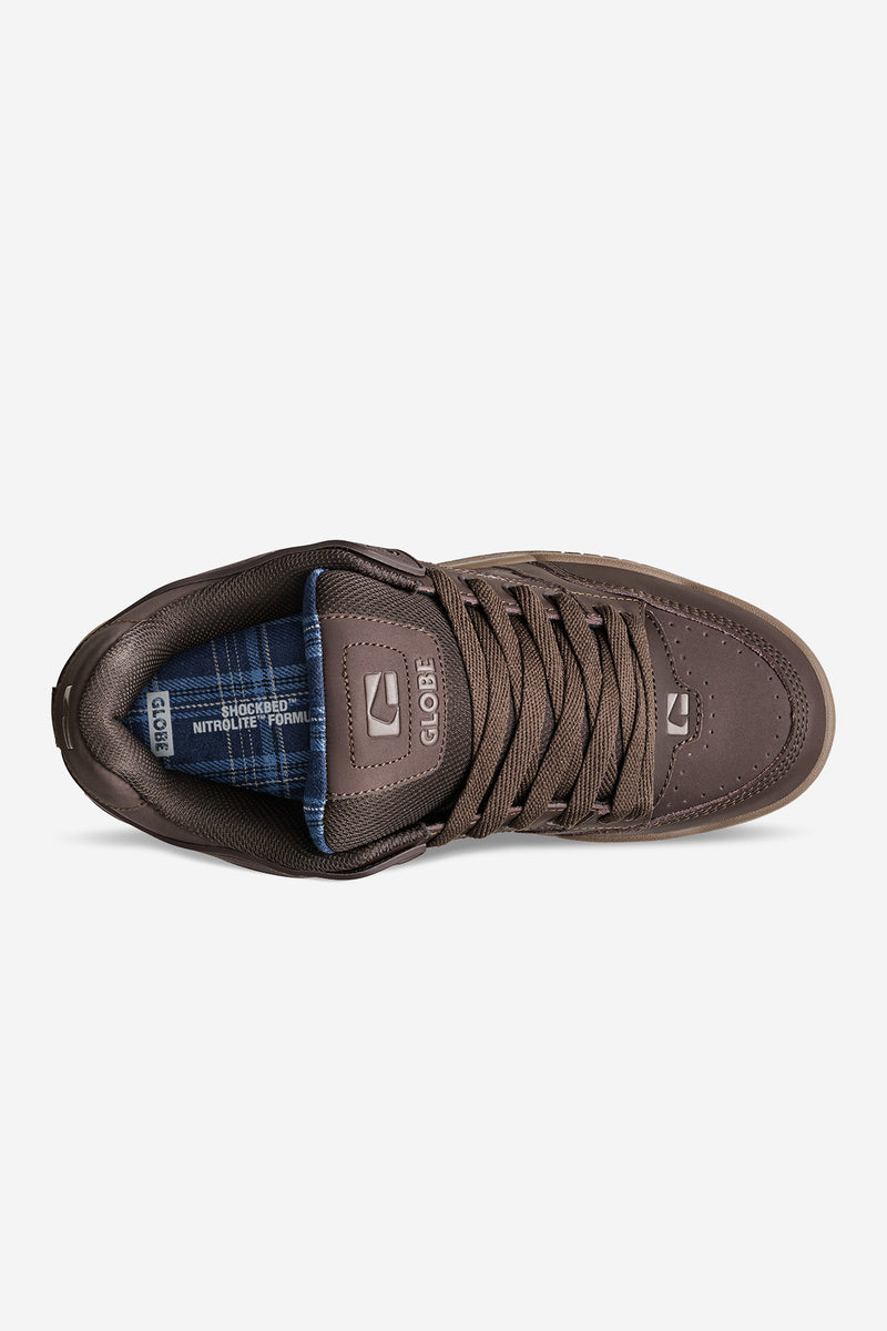 Top view of Tilt brown skate shoe showing brown leather panels, laces and blue tartan interior