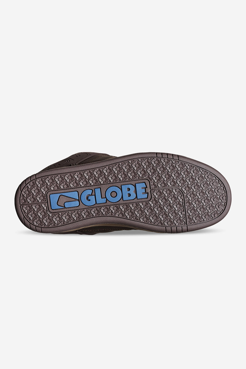 Bottom view of Tilt skate shoe in brown blue tartan with a textured S-Trac outsole and blue Globe logo.