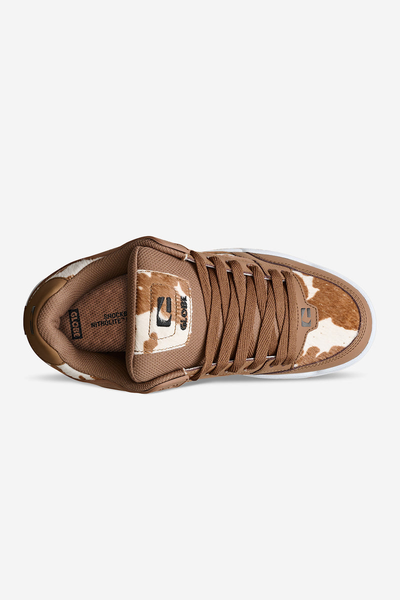 Top view of Tilt Brown White Cow skate shoe with cowhide panels and brown laces.