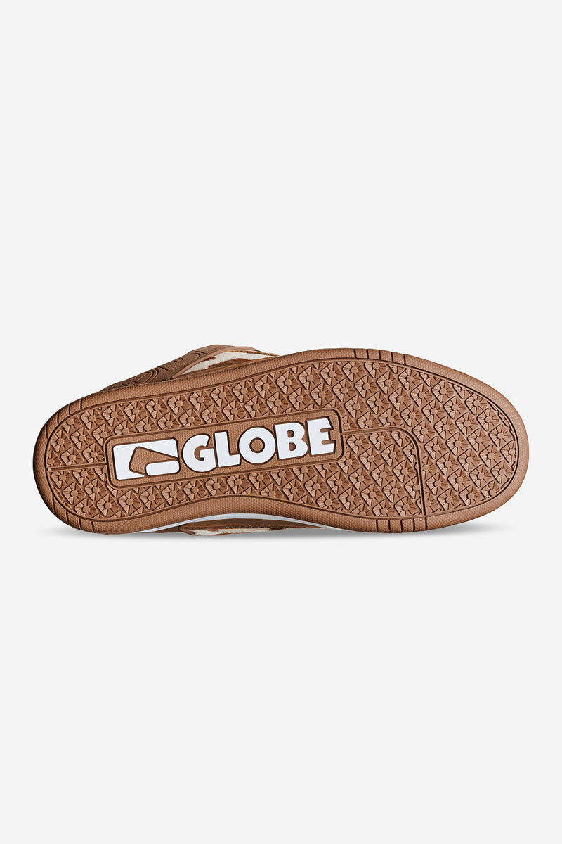 Bottom sole view of Tilt Brown White Cow skate shoe showing textured tread and Globe logo.