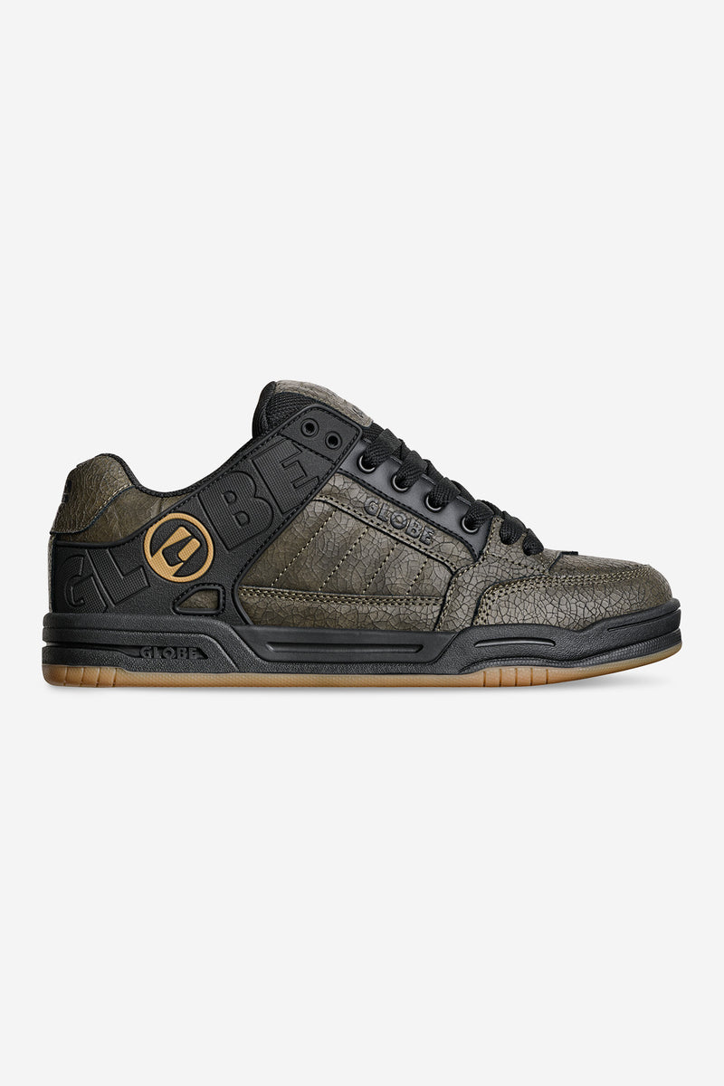 Tilt Distressed Leather sneaker in olive gray cracked leather with black laces and padded collar.