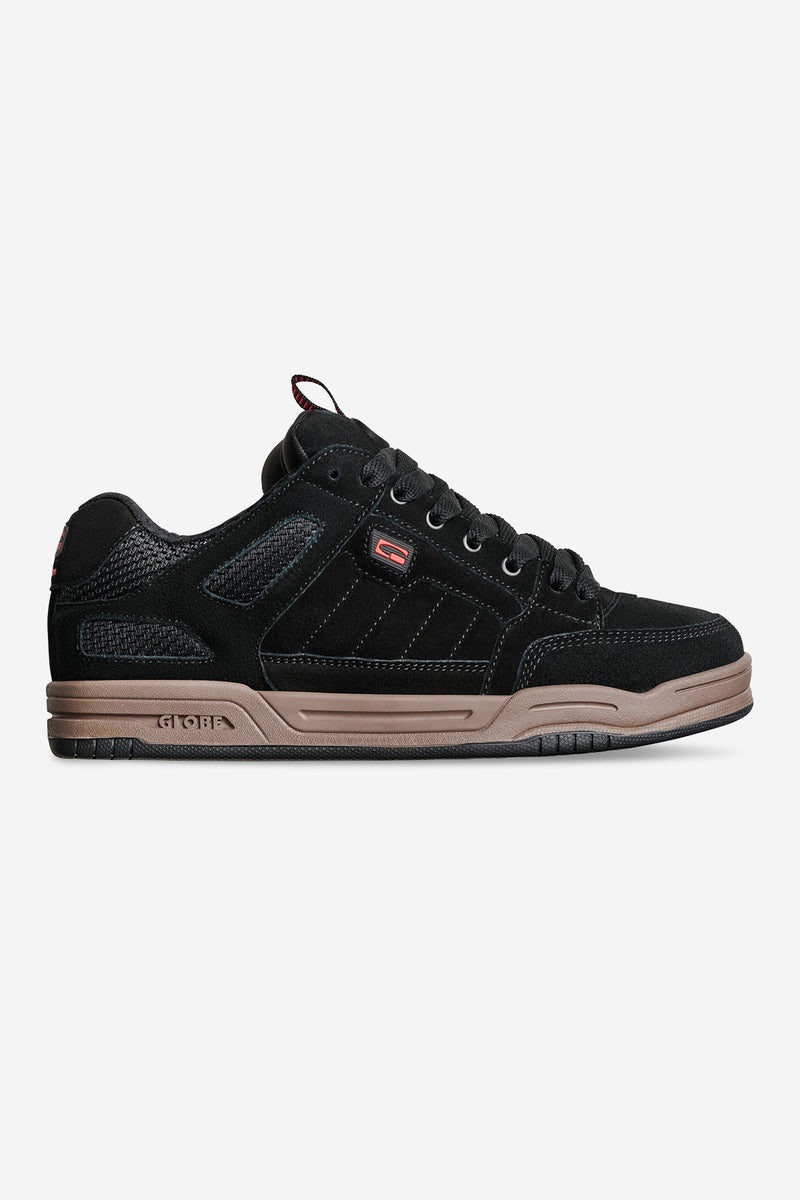 Globe Tilt Prime skate shoe in black with gum sole and red accent pull loop