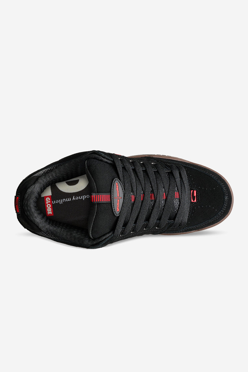 Top view of Tilt Prime skate shoe in black with red details and gum sole