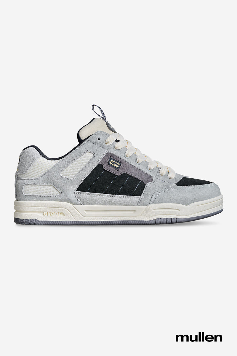 Tilt Prime Grey Mullen skate shoe with cream laces and layered panels in a retro inspired design