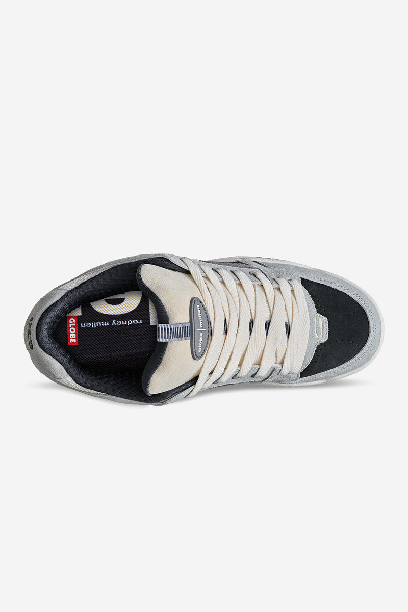 Top view of Tilt Prime Grey Mullen skate shoe with cream laces and mixed grey panels