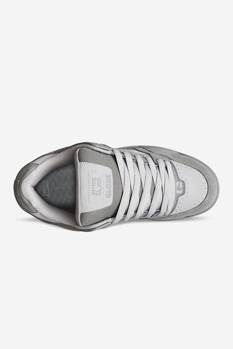 Top view of Globe Tilt Smoke skate shoe in grey and white with laces and padded collar.