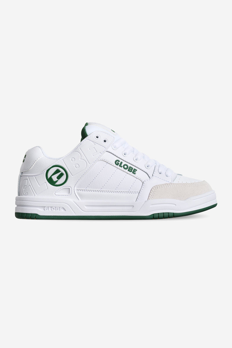 Side view of Tilt skate shoe in white and green with a white upper green outsole edge and Globe branding.