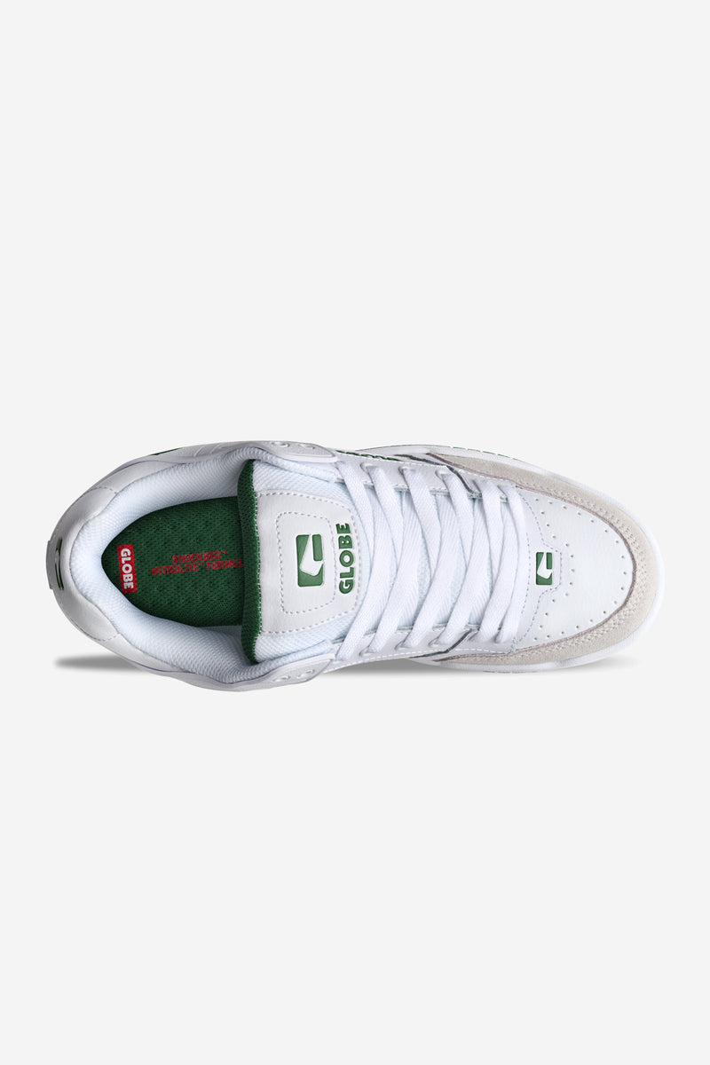 Top view of Tilt White/Green sneaker showing white laces and tongue with Globe branding and green interior lining.