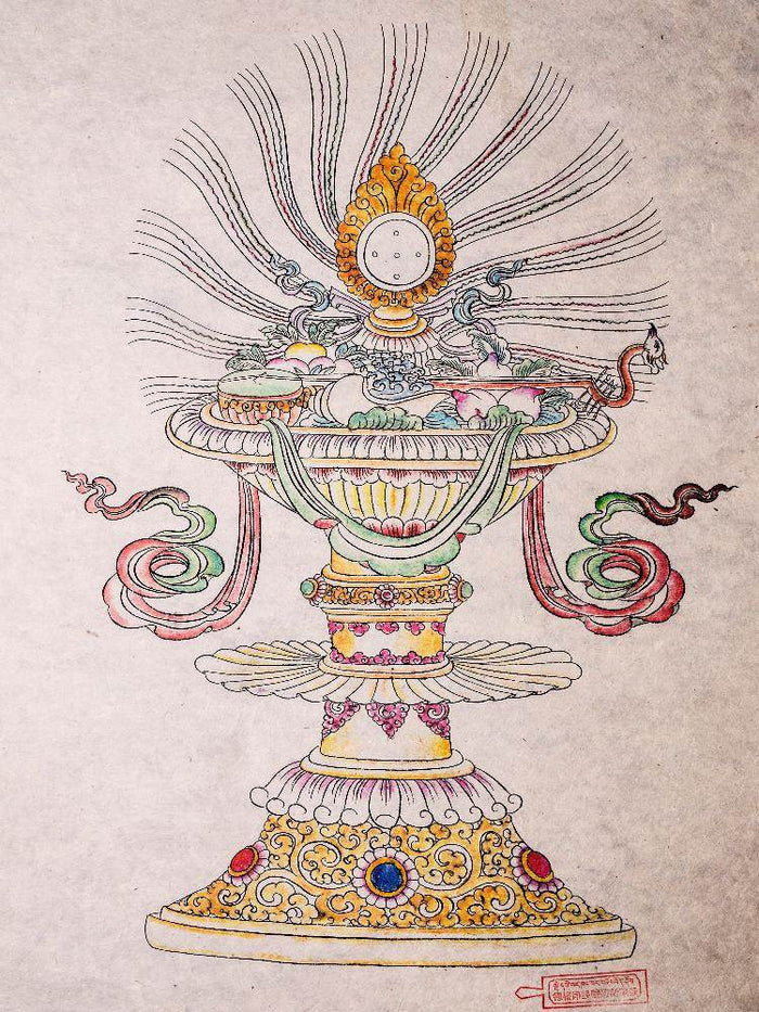 Treasure Vase Woodblock Thangka Art - Tibetan thangka painting, detailed view