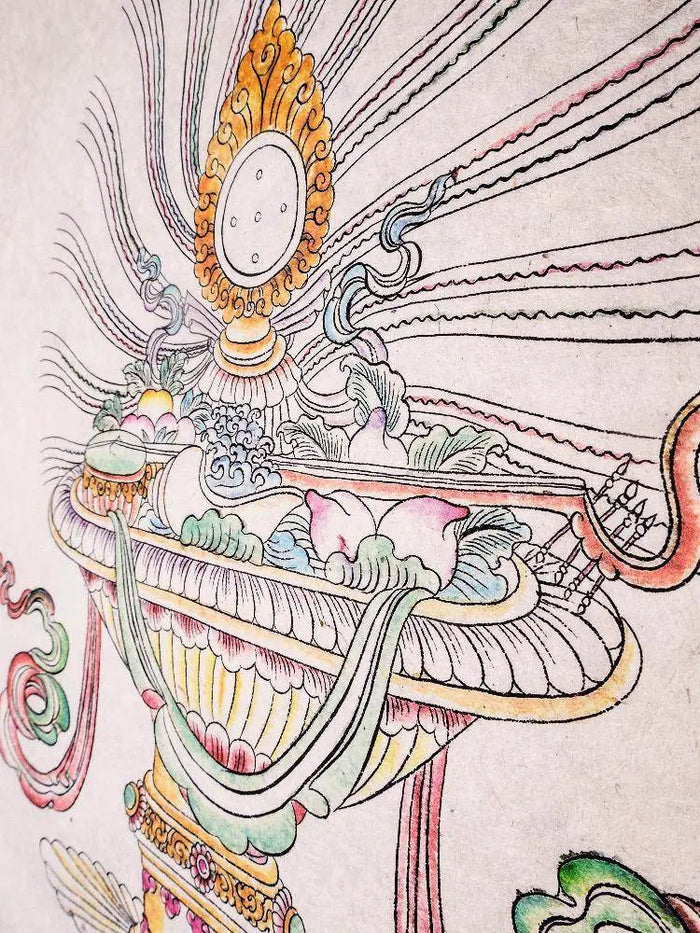 Treasure Vase Woodblock Thangka Art - Tibetan thangka painting, close-up detail