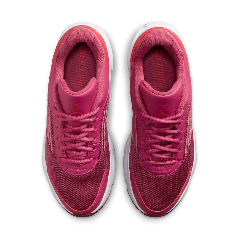 Pair of berry pink running shoes, front view with lace-up uppers and cushioned collars