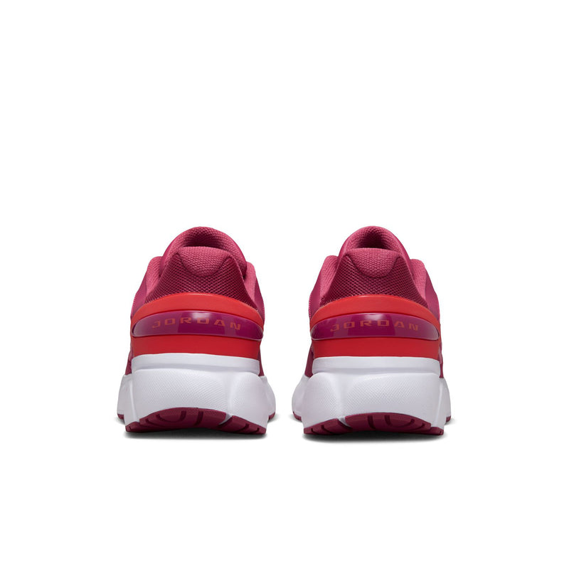 Women’s berry pink running shoes, rear view with white midsole and cushioned heel