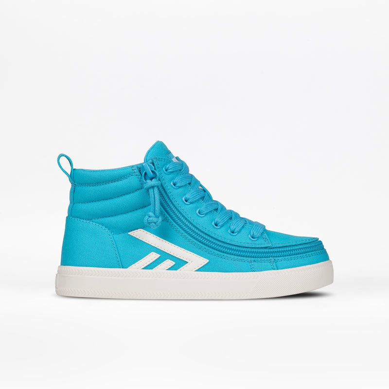 The BILLY Footwear Turquoise/White BILLY CS High is a kids' high top sneaker featuring white laces, a white side stripe, and a white rubber sole, displayed on a plain white background.
