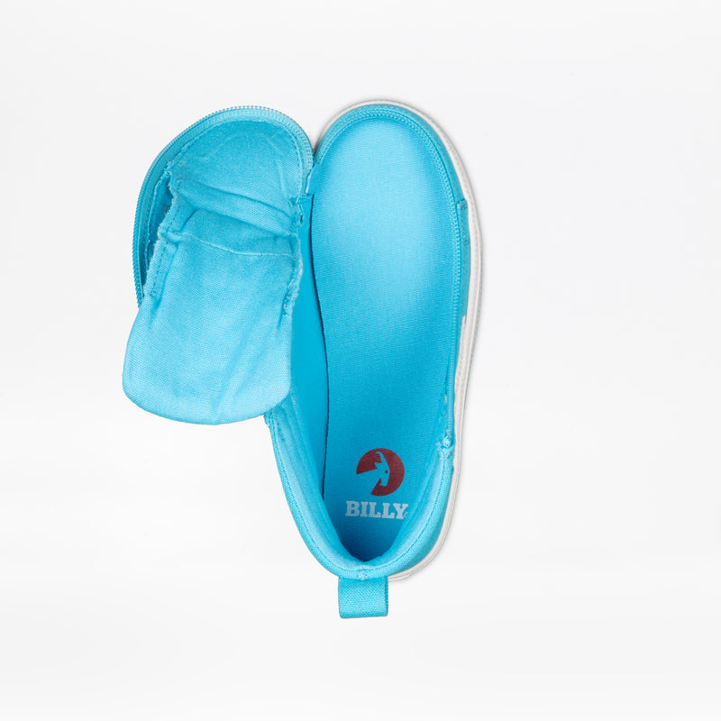 A turquoise and white BILLY CS High kids’ high top sneaker from BILLY Footwear is shown from above, with the upper unzipped to the side to display the adaptive Full Wrap Zipper and a red BILLY logo on the insole.