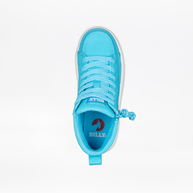 Top view of the Turquoise/White BILLY CS High kids’ high top sneaker by BILLY Footwear with laces, a side zipper, and BILLY branding on the tongue and insole, shown against a white background.