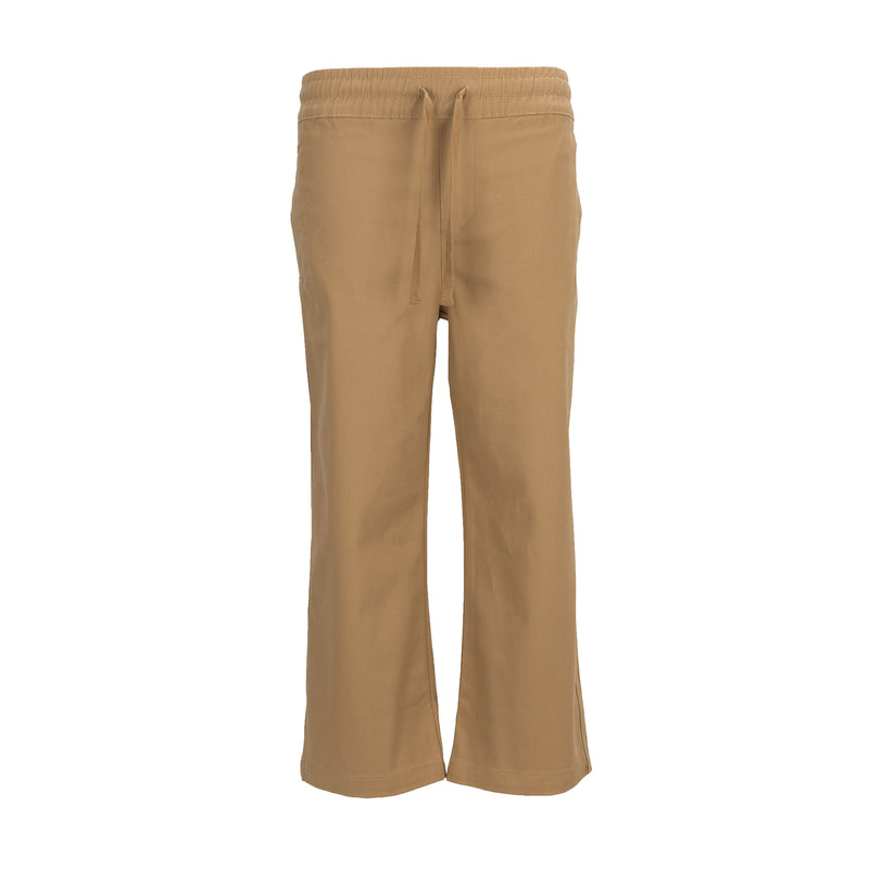 Khaki youth twill lounge pants with drawstring waist and tapered legs
